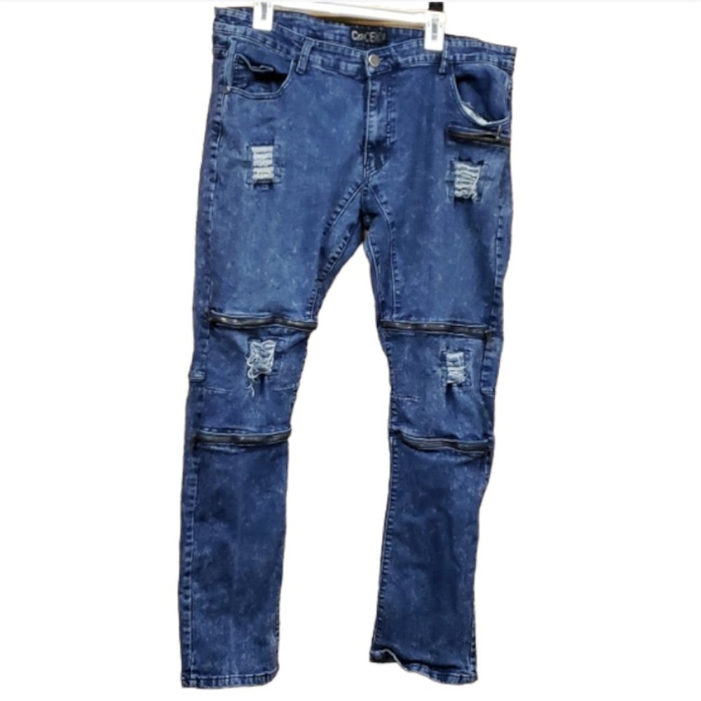 CR24 Men’s Distressed Zipper Jeans | Size 40 | Straight Leg Blue Denim